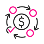 Un signo de dólar rodeado de tres círculos rosados conectados con flechas, que simboliza cómo las API de Pago agilizan sus transacciones, completado con una tranquilizadora marca de verificación rosa.